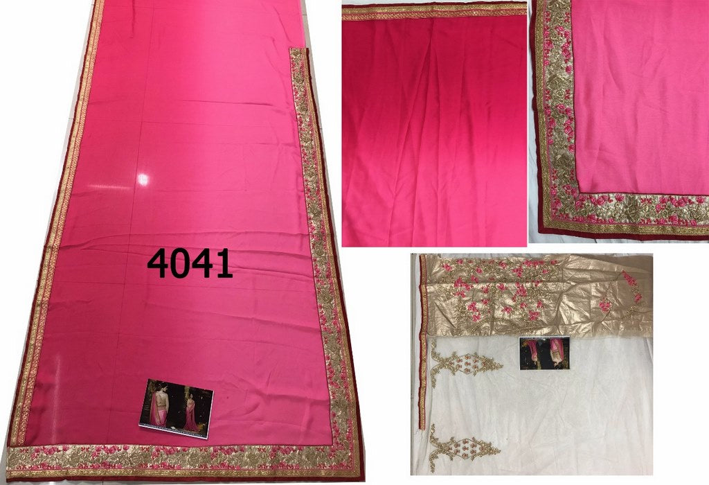 Pink moss chiffon georgette embroidered wedding saree