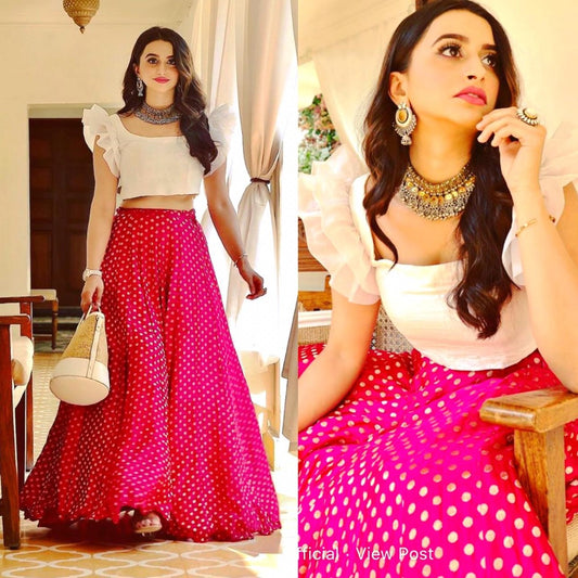 Pink moss georgette printed crop top lehenga