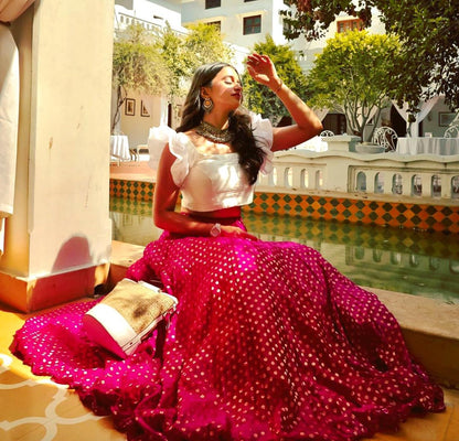 Pink moss georgette printed crop top lehenga