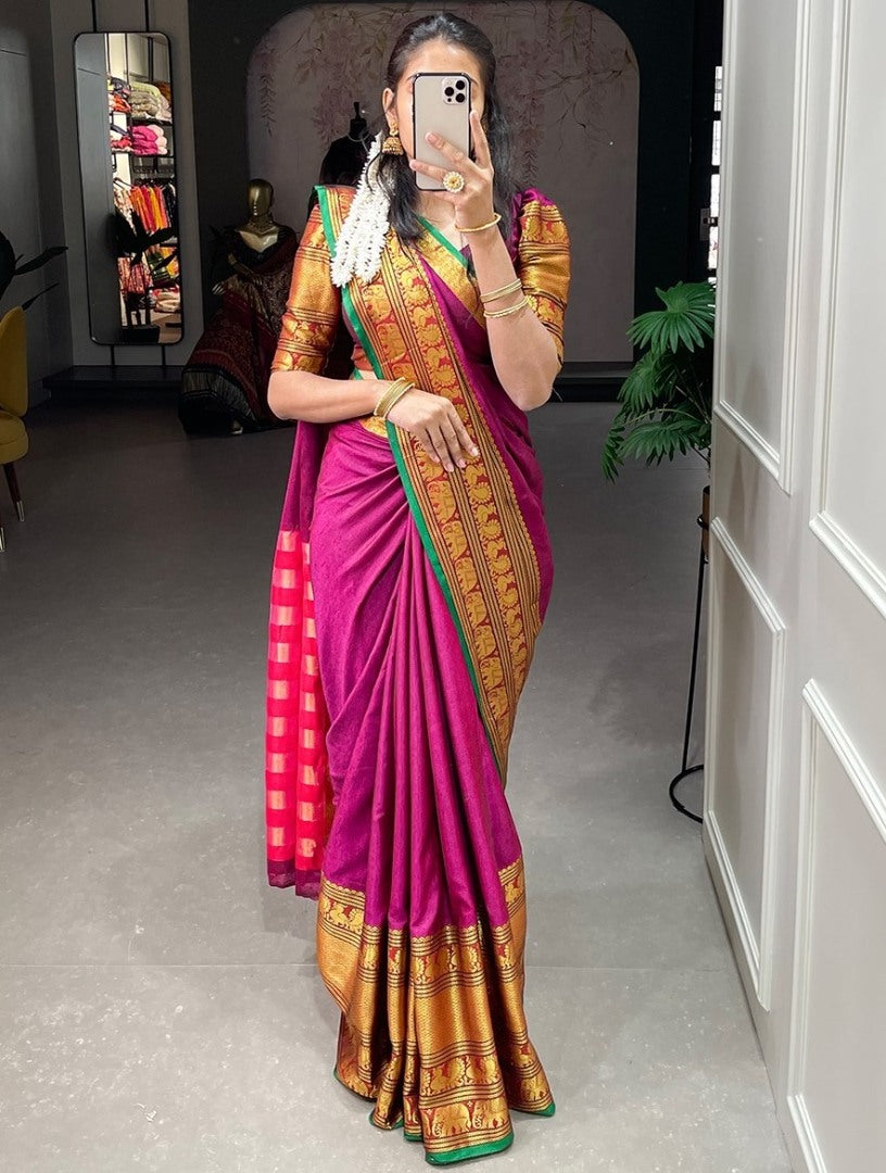 Pink narayan pet cotton weaving work saree