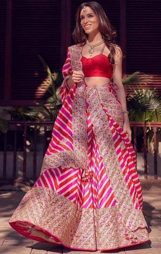 Pink natural crepe silk sequence digital printed lehenga choli