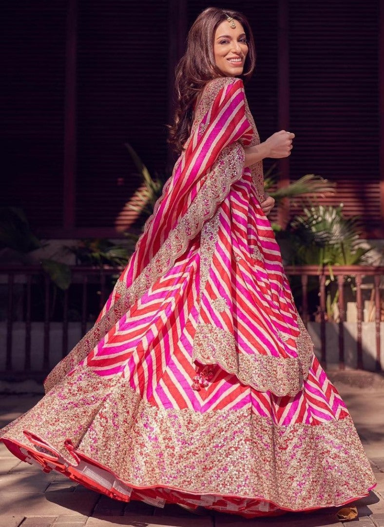 Pink natural crepe silk sequence digital printed lehenga choli