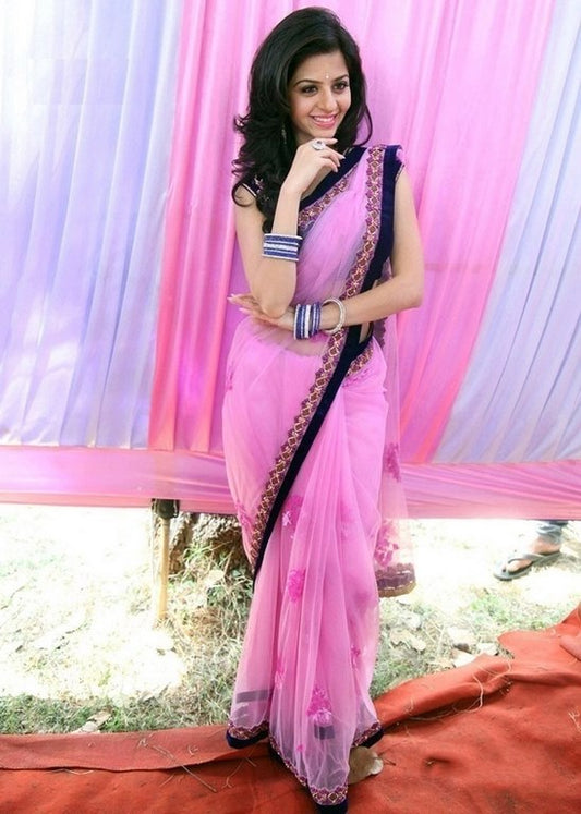 Pink net embroidered partywear saree