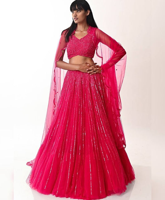 Pink net sequence work party wear lehenga choli