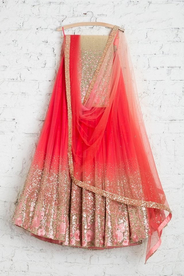 pink net squence embroidered ceremonial lehenga