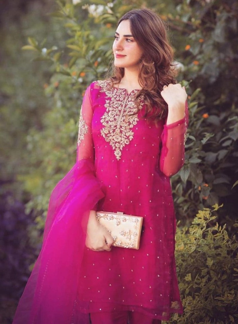 Pink nylon mono net sequence pearl rivet work salwar suit