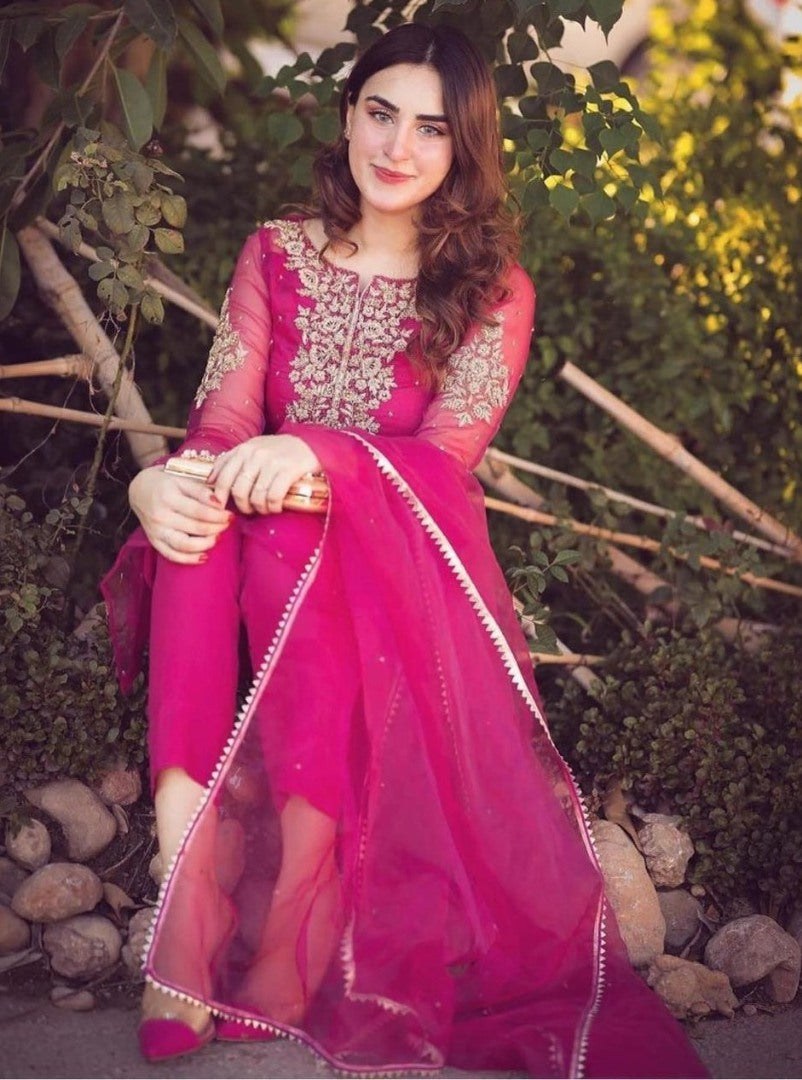 Pink nylon mono net sequence pearl rivet work salwar suit