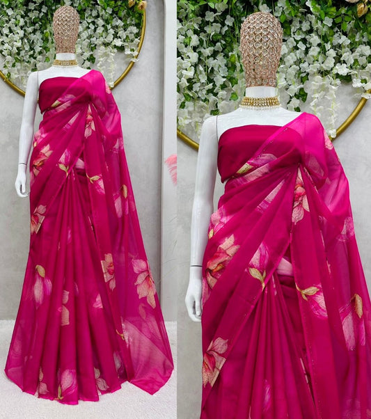 Pink organza floral print hot fix work saree