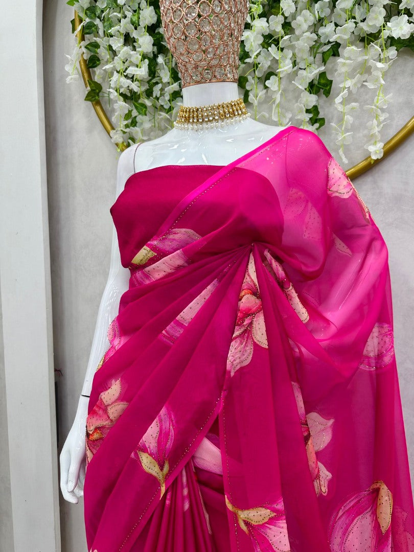 Pink organza floral print hot fix work saree