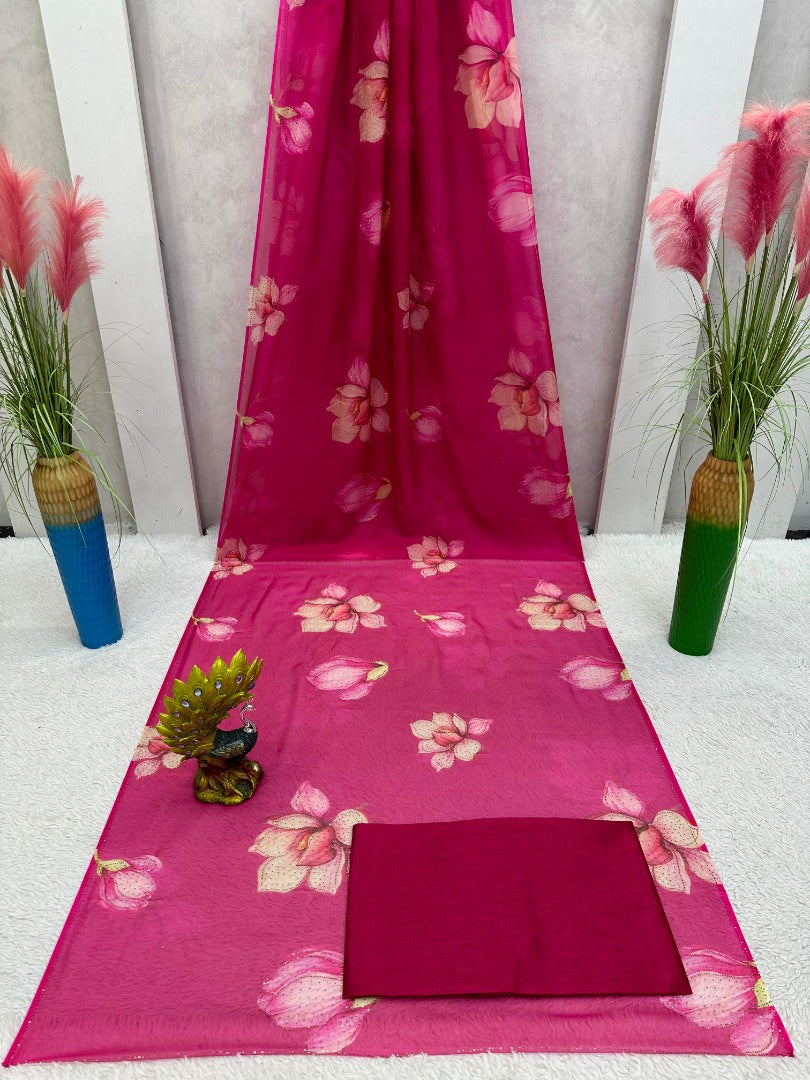 Pink organza floral print hot fix work saree