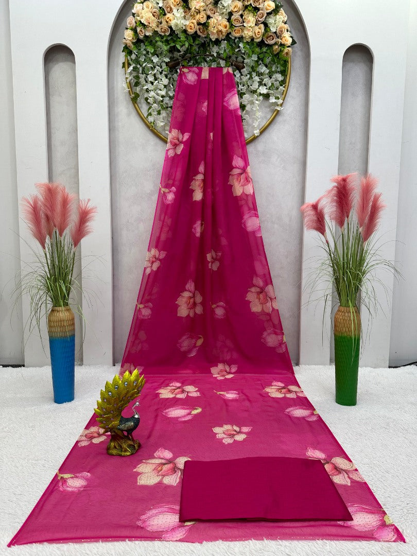 Pink organza floral print hot fix work saree