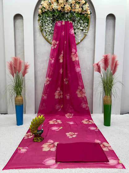 Pink organza floral print hot fix work saree