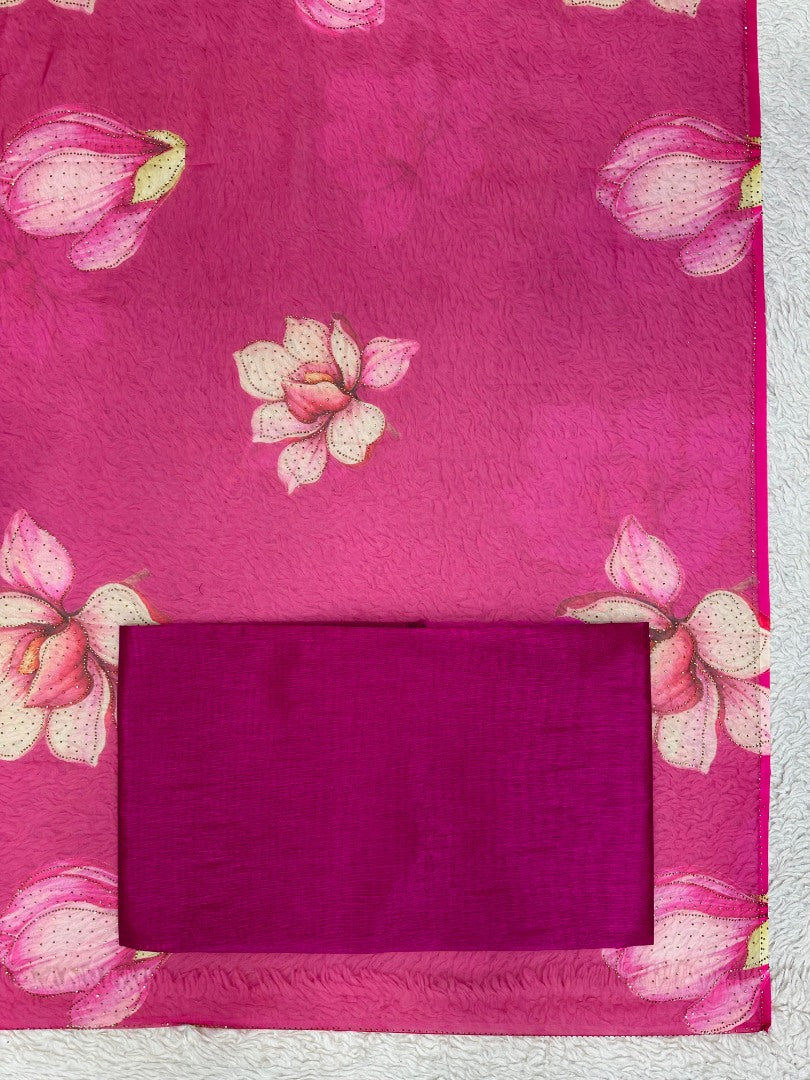 Pink organza floral print hot fix work saree