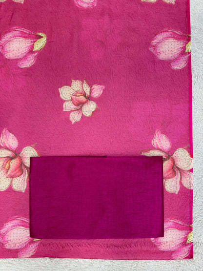 Pink organza floral print hot fix work saree