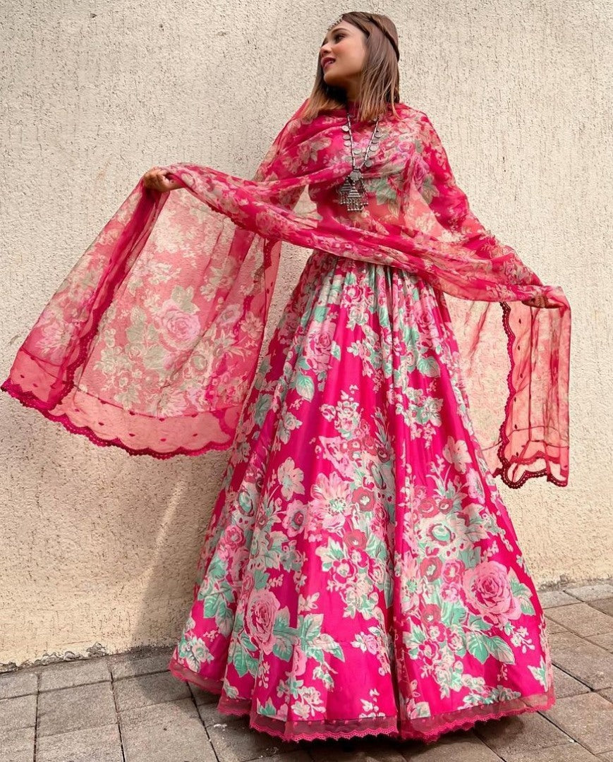 Pink organza floral printed wedding lehenga choli