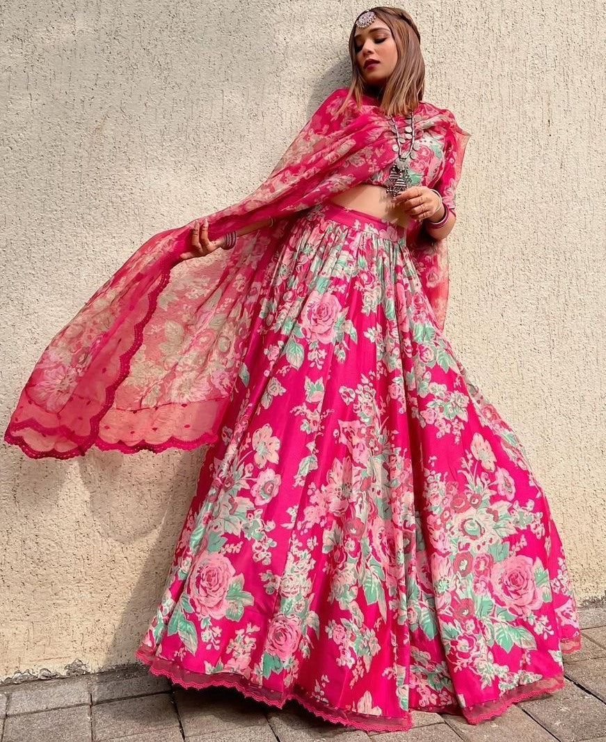 Pink organza floral printed wedding lehenga choli