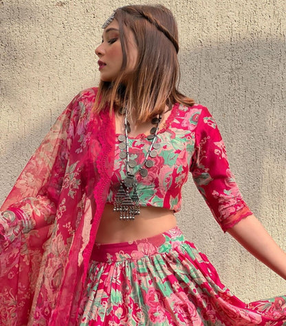 Pink organza floral printed wedding lehenga choli