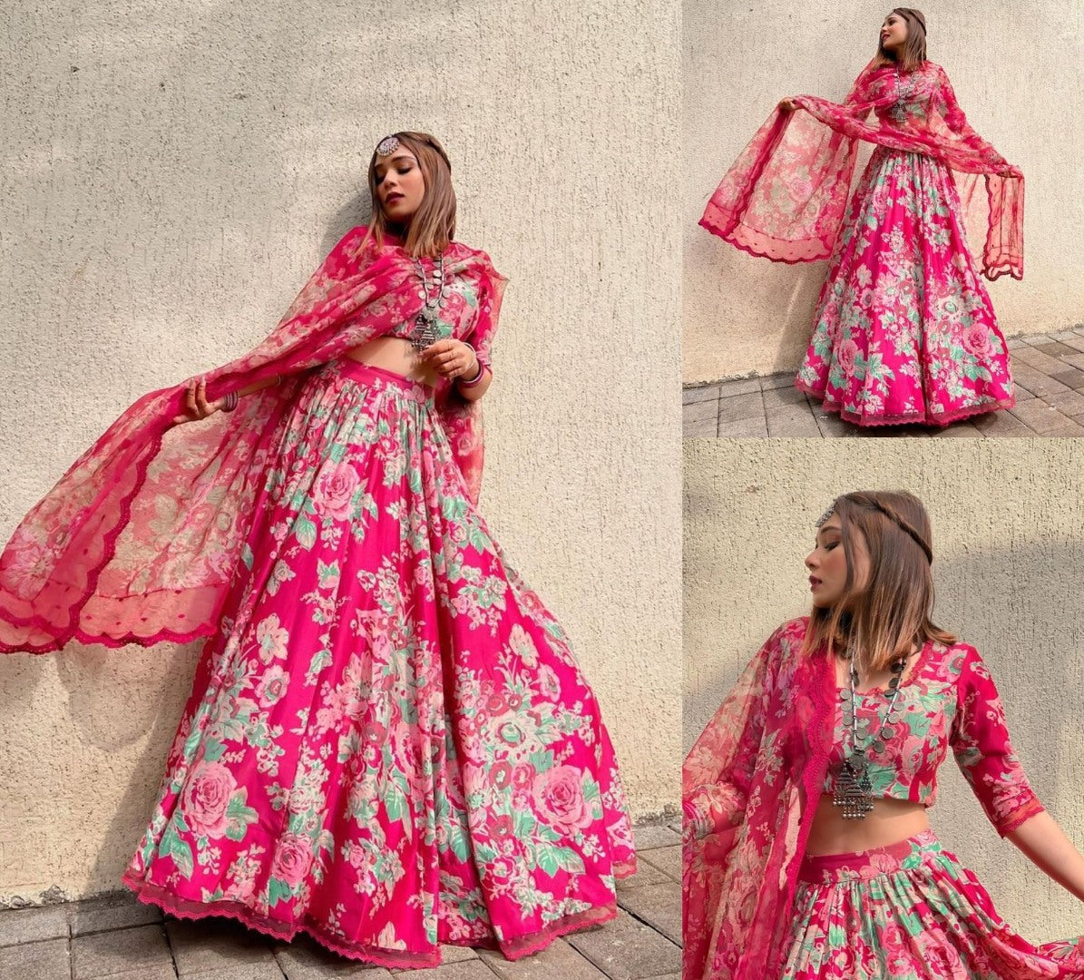 Pink organza floral printed wedding lehenga choli
