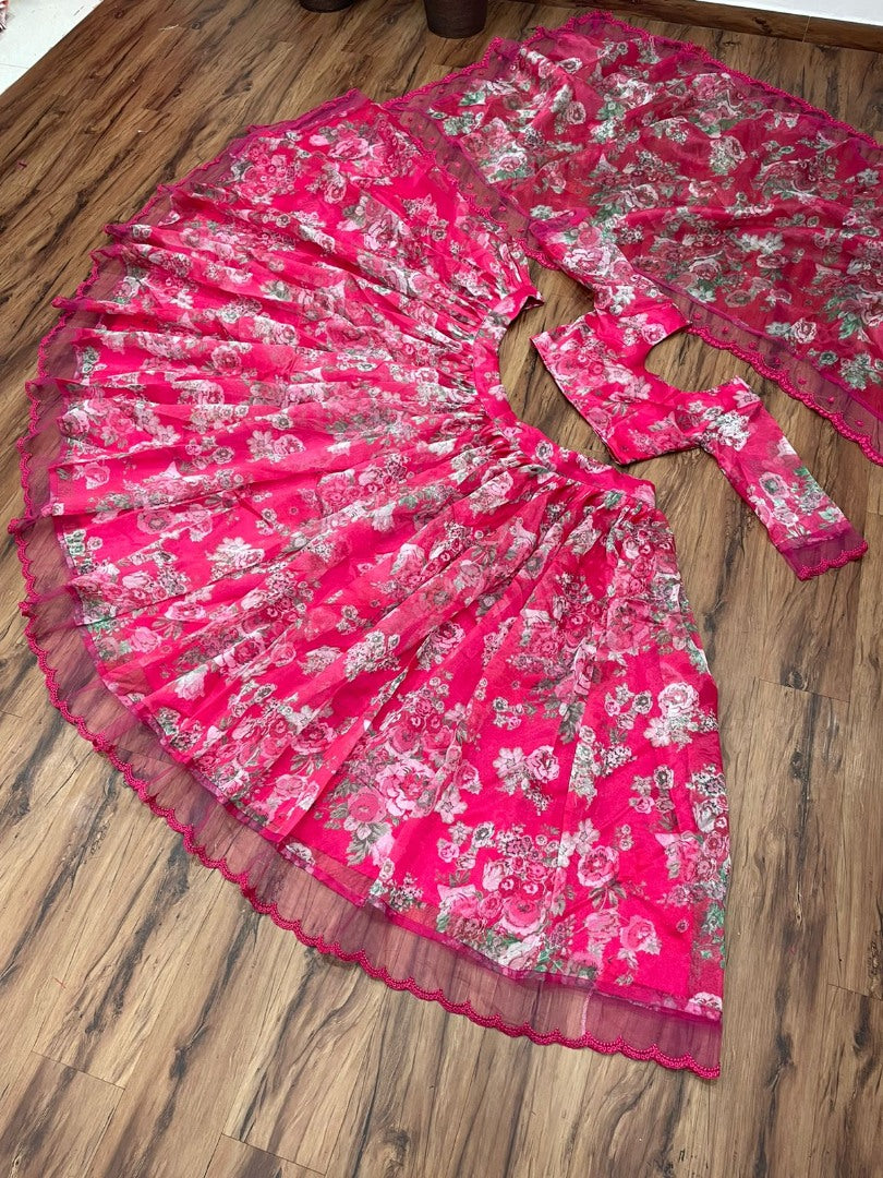 Pink organza floral printed wedding lehenga choli
