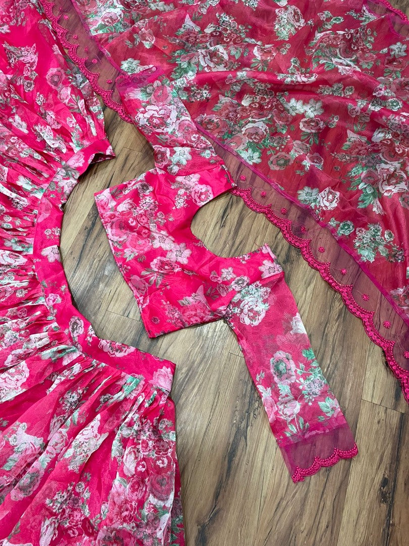 Pink organza floral printed wedding lehenga choli