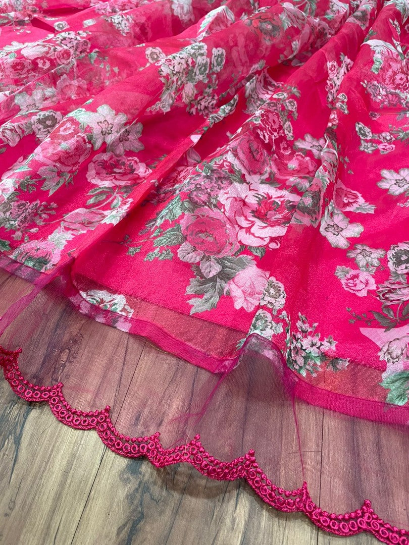 Pink organza floral printed wedding lehenga choli