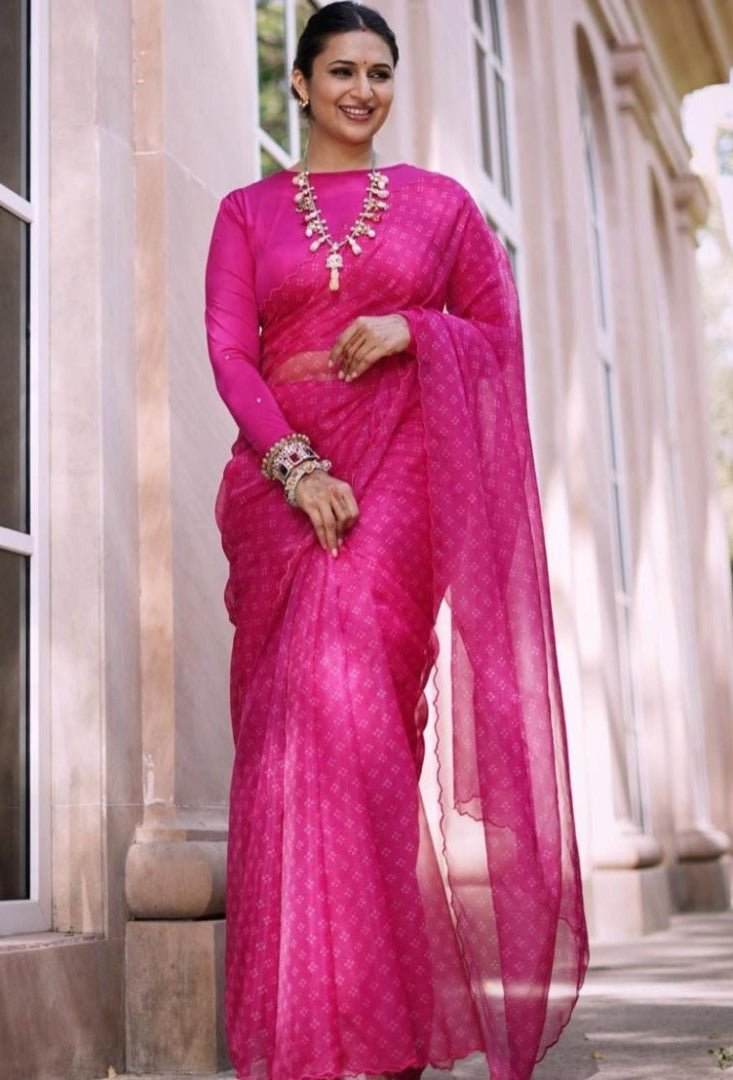 Pink organza silk digital printed work fancy saree