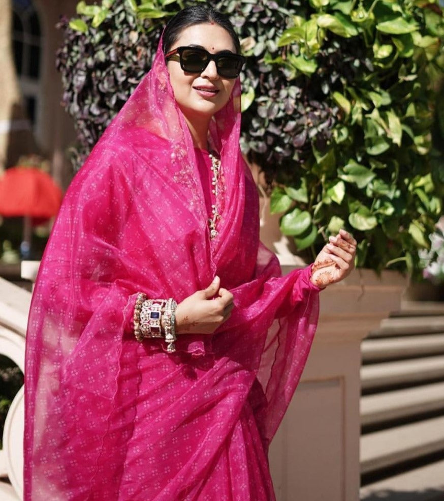 Pink organza silk digital printed work fancy saree