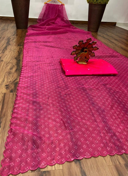 Pink organza silk digital printed work fancy saree