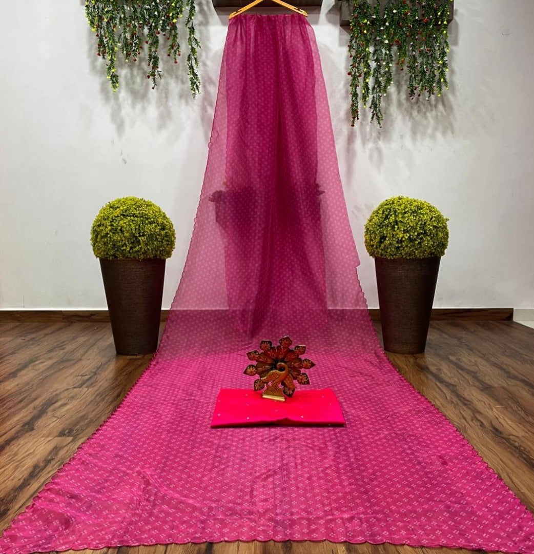 Pink organza silk digital printed work fancy saree