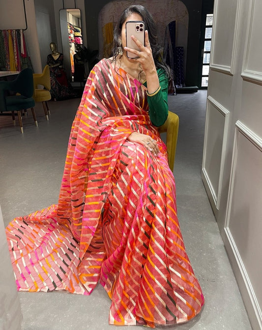 Pink organza zari weaving work organza saree