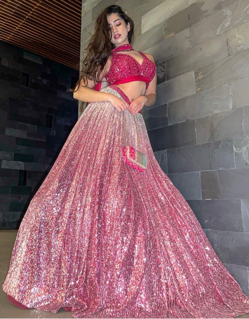 Pink padding satin silk heavy sequence work lehenga for evening function