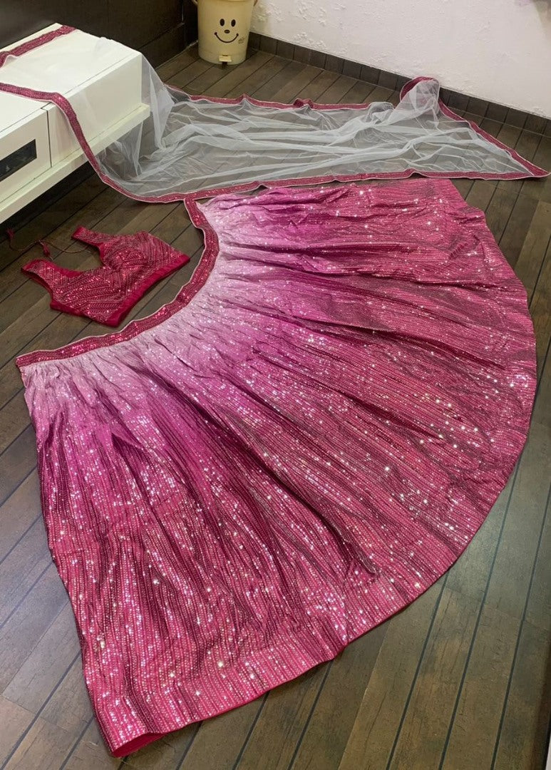 Pink padding satin silk heavy sequence work lehenga for evening function