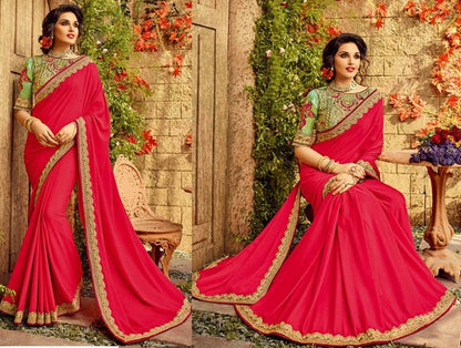 pink paper silk embroidered designer wedding saree