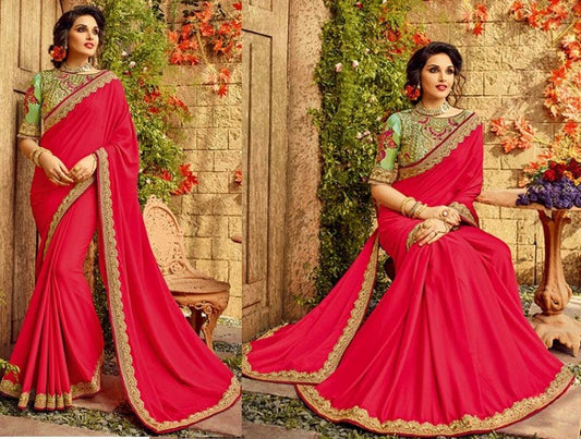 pink paper silk embroidered designer wedding saree