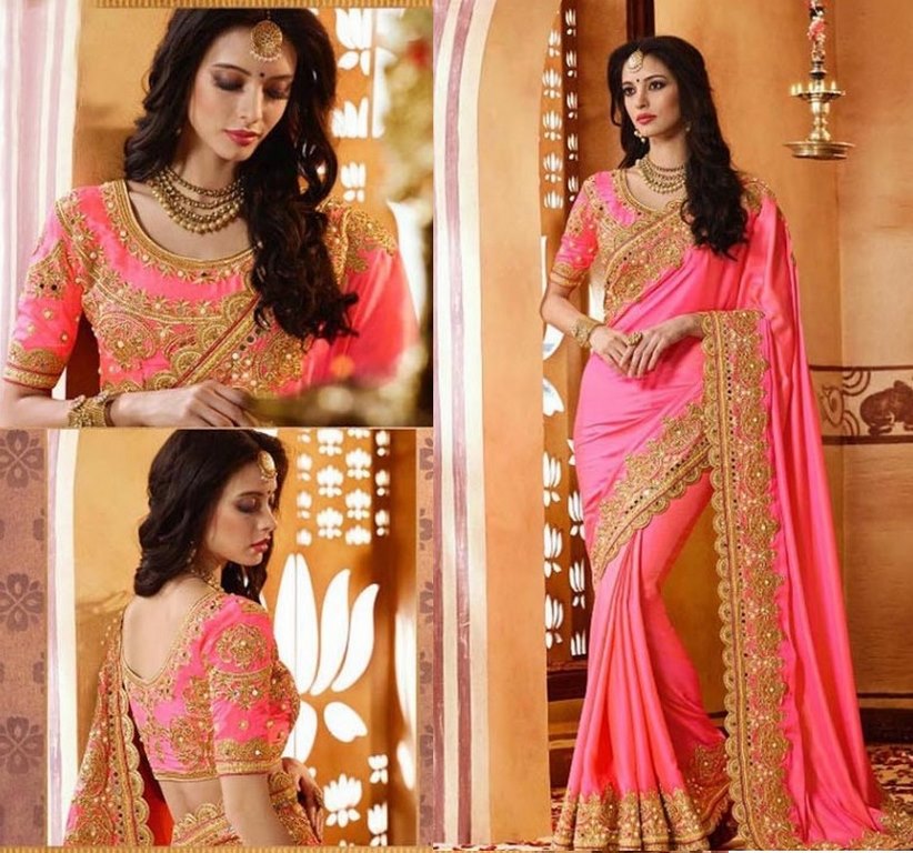 pink paper silk embroidered designer wedding saree