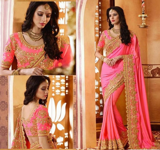 pink paper silk embroidered designer wedding saree