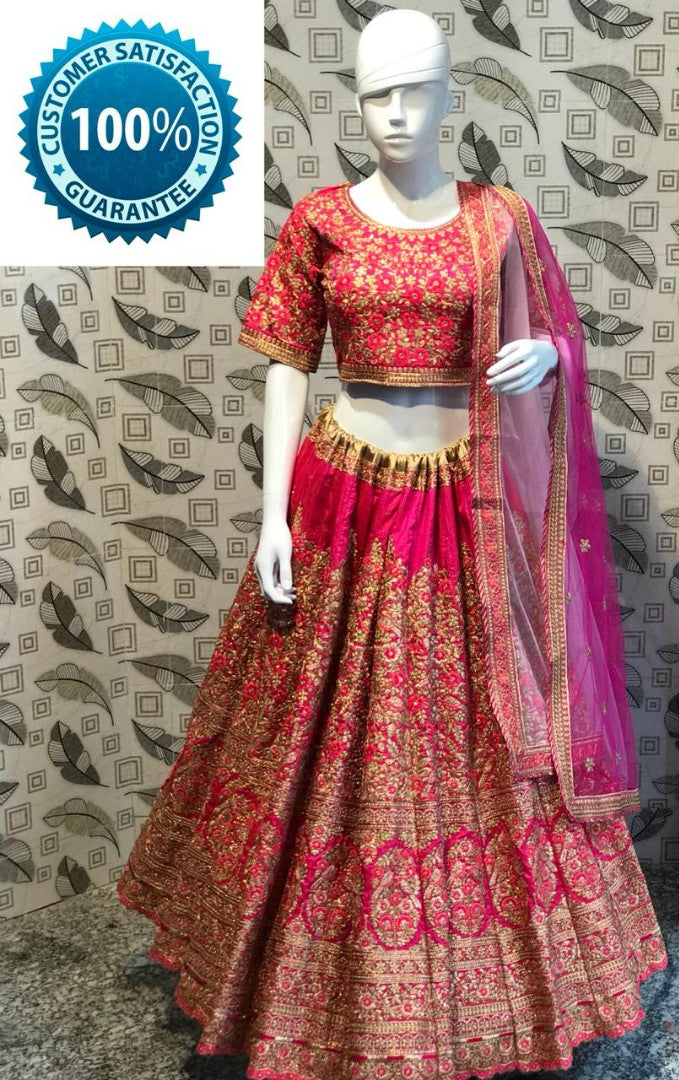 pink petan silk heavy embroidered designer bridal lehenga