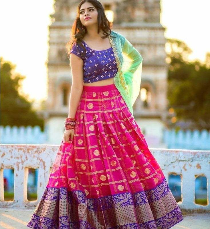 pink printed banglori silk festival lehenga choli