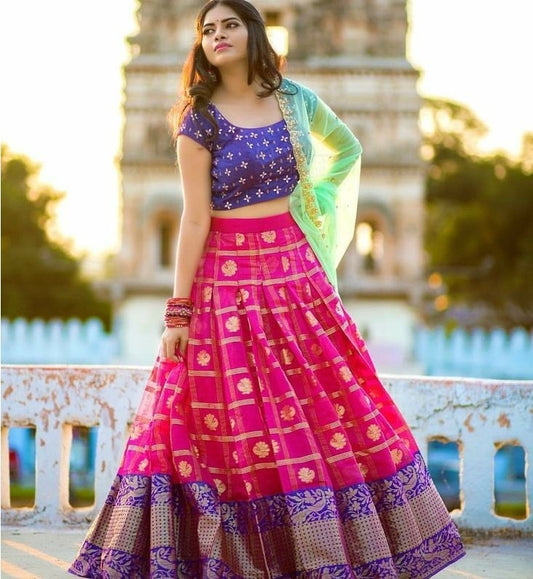 pink printed banglori silk festival lehenga choli