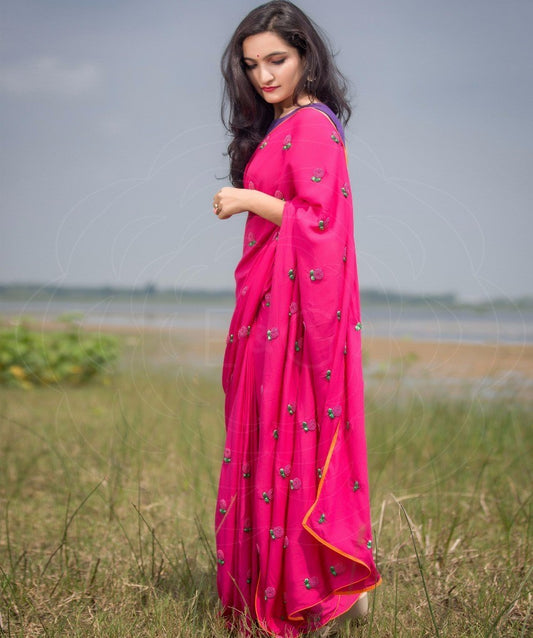 pink rangoli georgette silk embroidered partywear saree