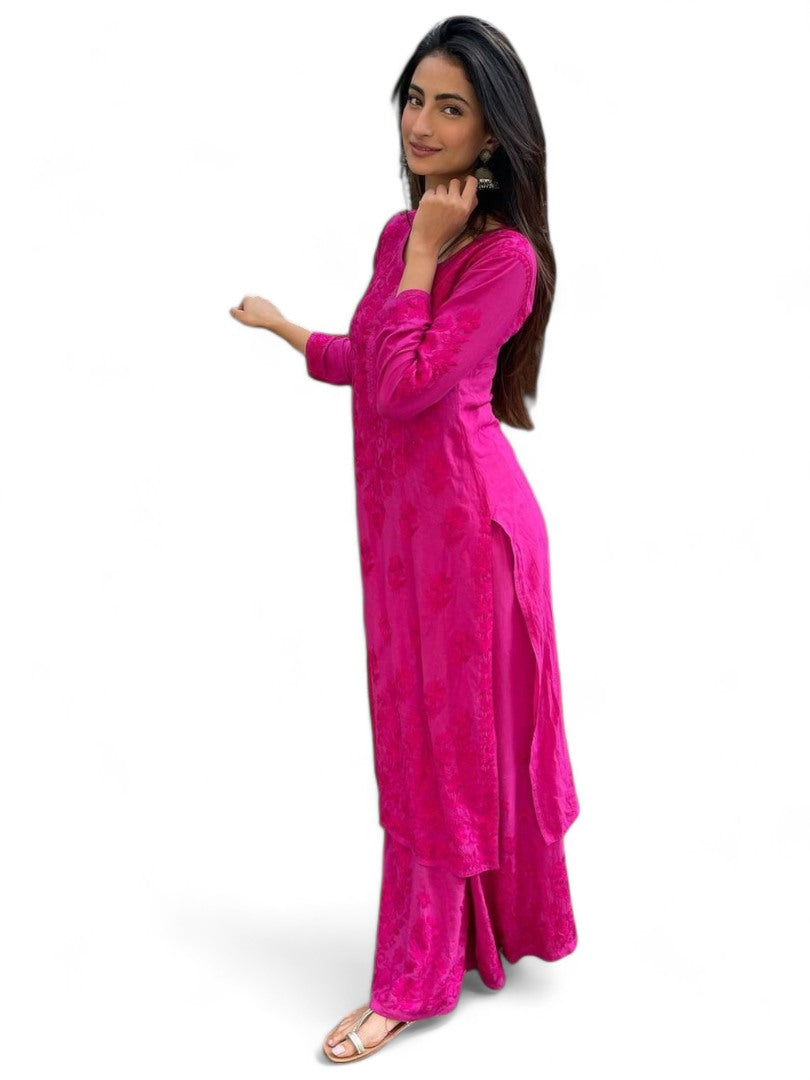 Pink rayon thread work palazzo kurti