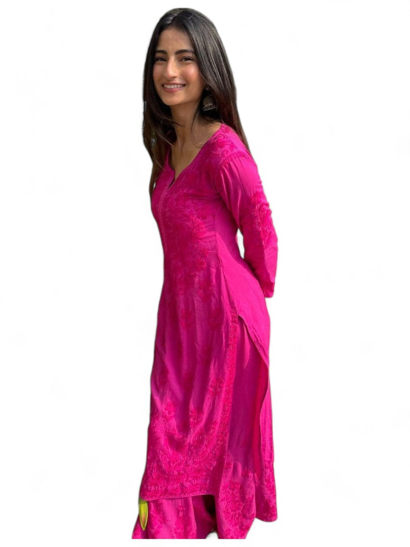 Pink rayon thread work palazzo kurti