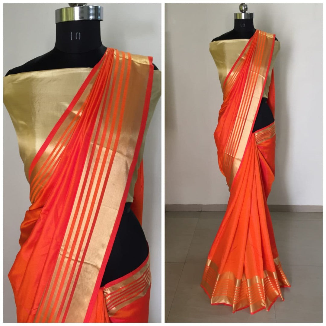 Pink sana silk golden border festive saree