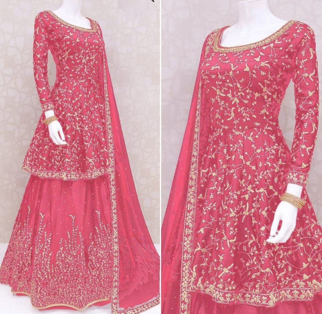 Pink satin banglory embroidered and stone work wedding lehenga choli