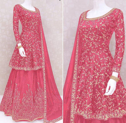 Pink satin banglory embroidered and stone work wedding lehenga choli