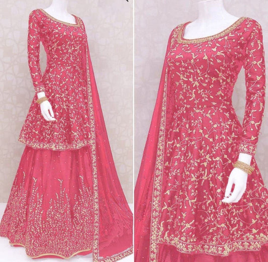 Pink satin banglory embroidered and stone work wedding lehenga choli