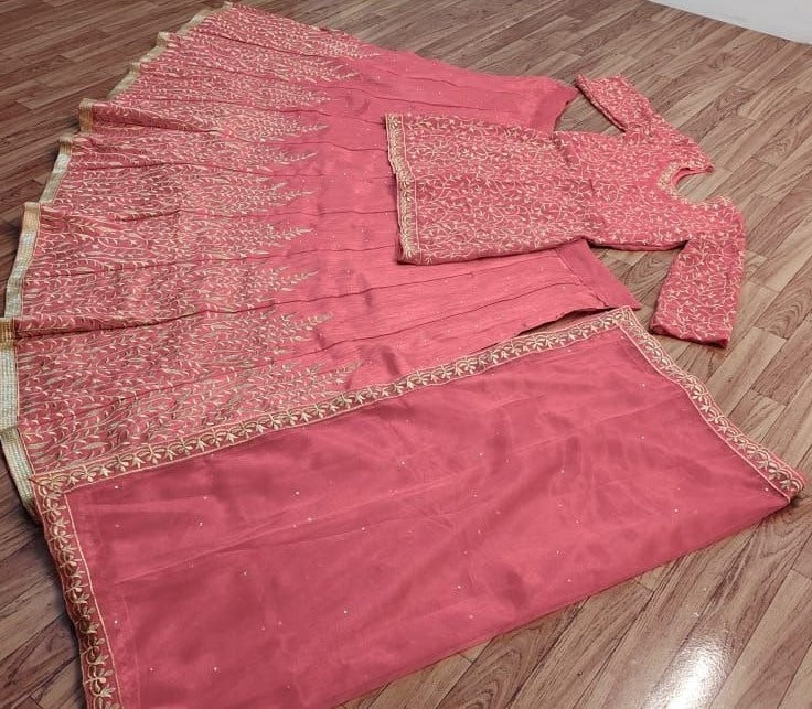 Pink satin banglory embroidered and stone work wedding lehenga choli