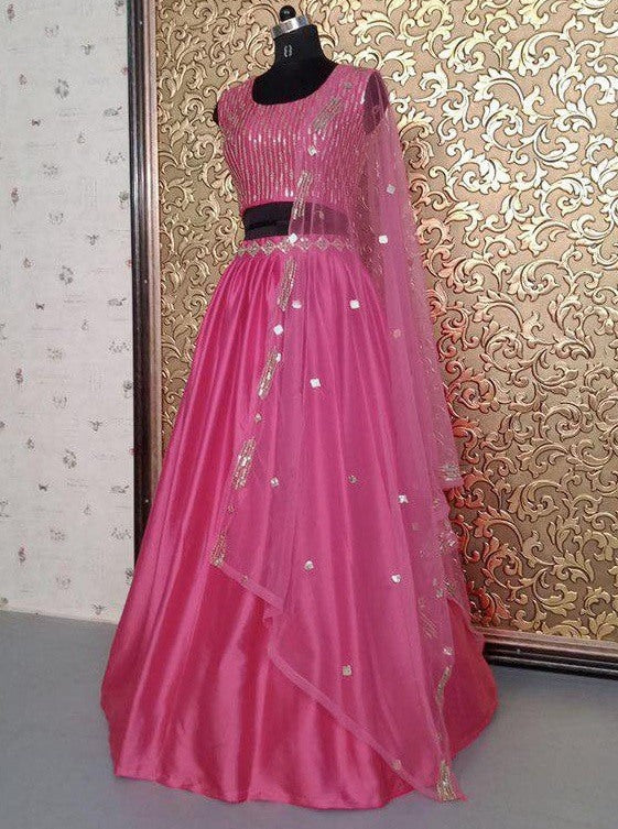 Pink satin beautiful partywear croptop lehenga