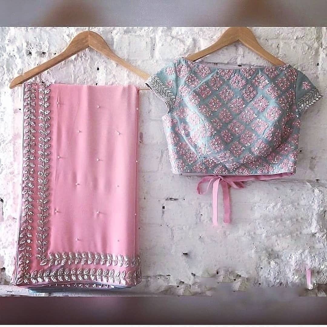 pink satin georgette hand pearl work gorgeous saree