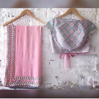 pink satin georgette hand pearl work gorgeous saree